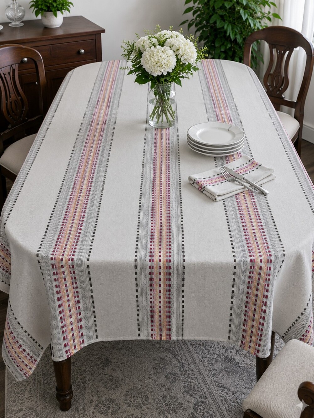 Sonoma Life+Style 100%Cotton Tablecloth 117x61" Beige Multicolor Embroidery Stri